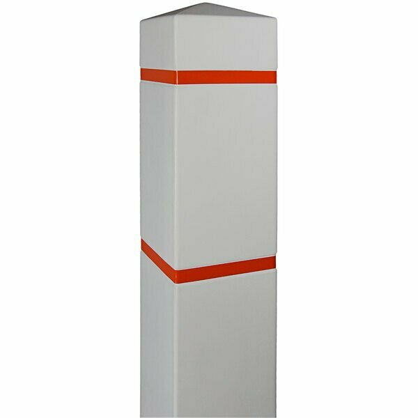 Innoplast White square bollard cover with orange reflective stripes, 5 feet tall. 269SB2C6560WO